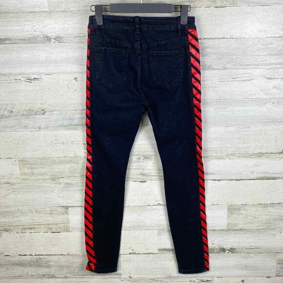 American Bazi Skinny Jeans Womens 5 Black Red Stripe Distressed High Waist - Picture 5 of 7